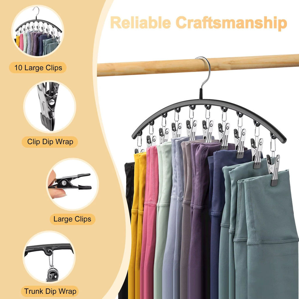 1Pc Curved Shape Hanger, Metal Yoga Pants Hangers, Organizer for Closet, Pants Hanger with 10 Clothespins, Holds 10 Leggings