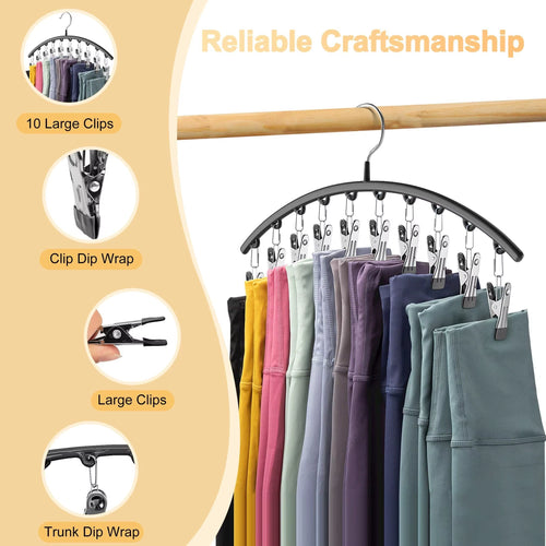 1Pc Curved Shape Hanger, Metal Yoga Pants Hangers, Organizer for Closet, Pants Hanger with 10 Clothespins, Holds 10 Leggings