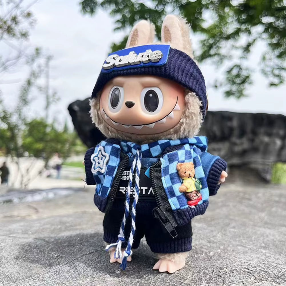 For Labubu 17Cm Doll Clothes Cute Plush Doll Clothes Headband Hoodie Coat Trousers Doll Dress up for Labubu Dolls Fans Gift
